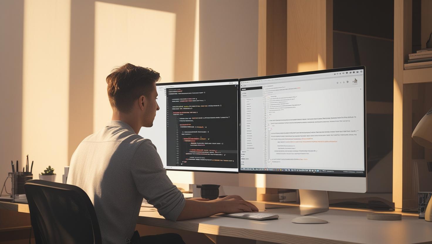 A modern developer workspace with dual monitors displaying WordPress code and a site preview, soft lighting, and minimalist surroundings—representing professional WordPress development. (1)