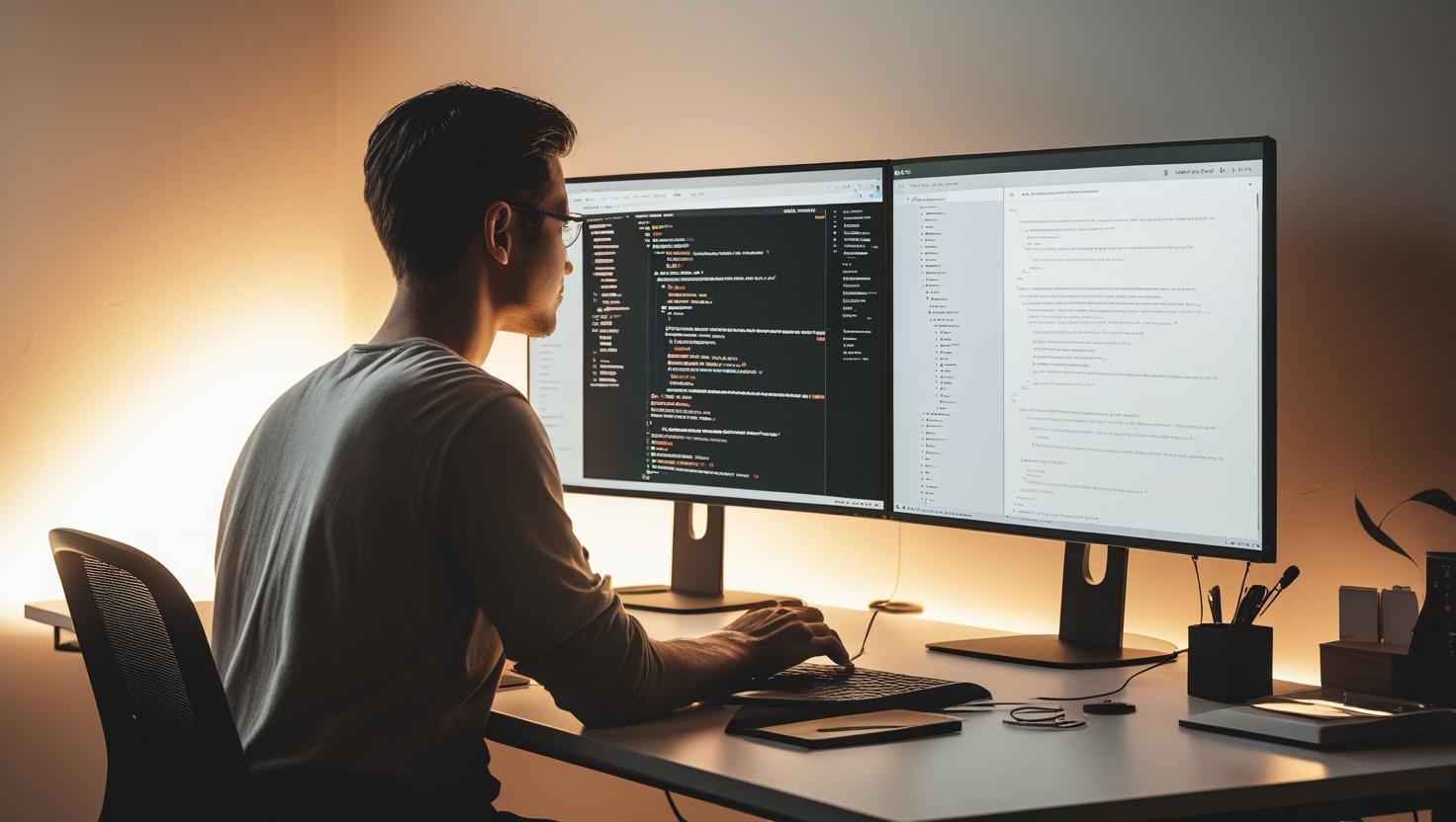A modern developer workspace with dual monitors displaying WordPress code and a site preview, soft lighting, and minimalist surroundings—representing professional WordPress development.
