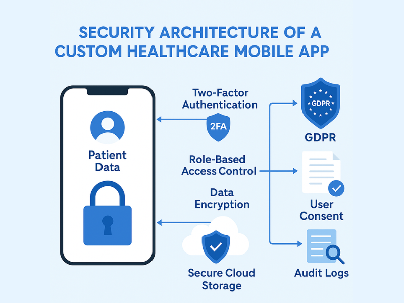 An infographic displaying the security architecture of a custom healthcare mobile app