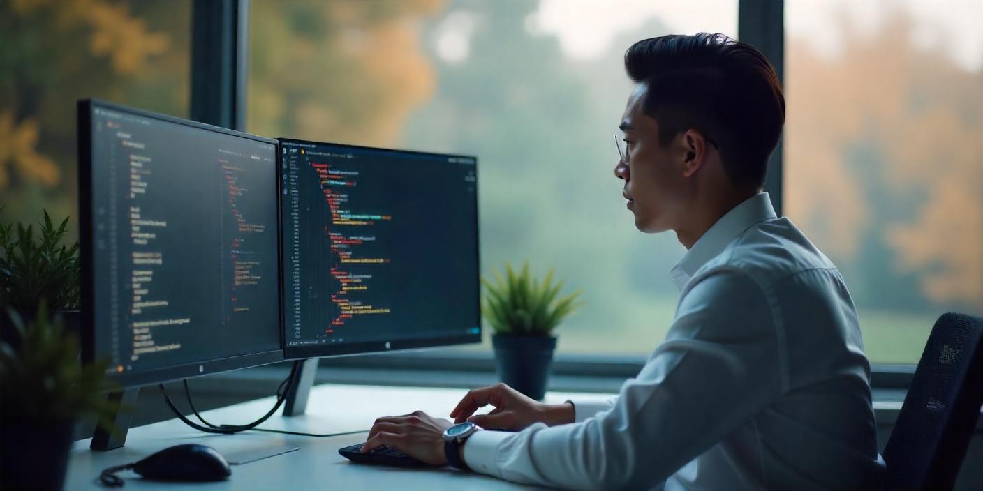 A sharp, professional photo of a developer working on a Flutter interface on a dual-monitor setup, displaying Flutter app development