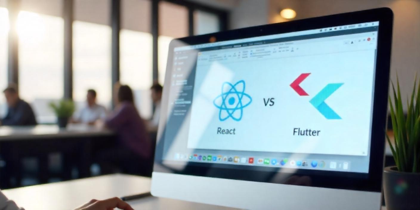 A close-up photo of two technologies Flutter and the React Native app, both displaying on PC screen in an office