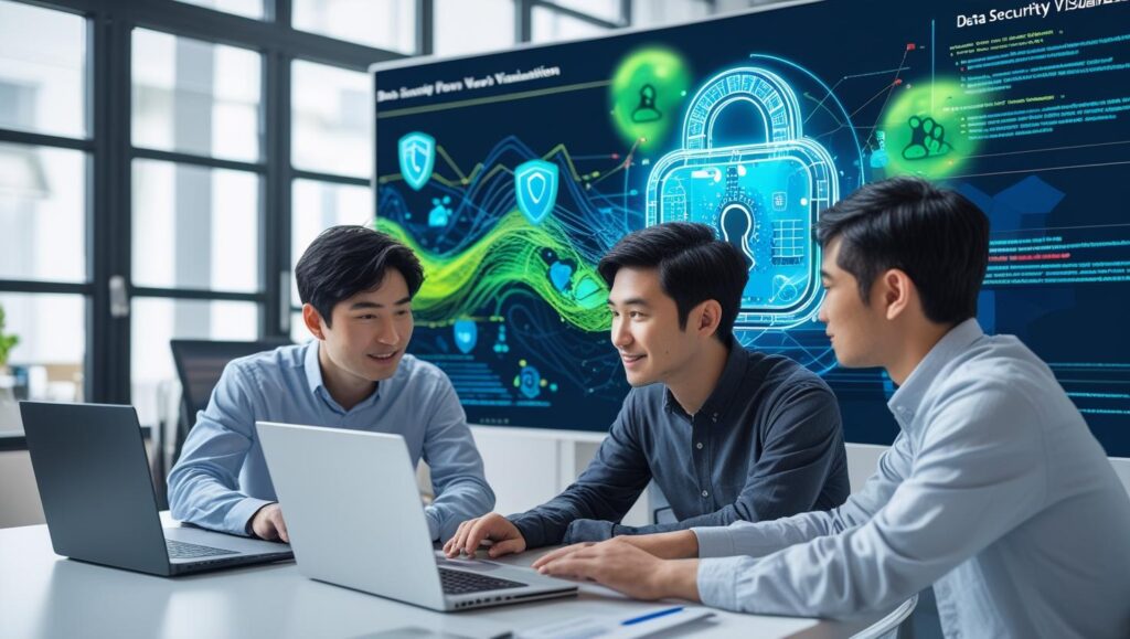 A developer team working on healthcare app features with data security visuals on a large display.