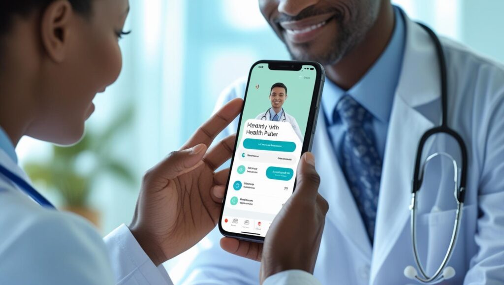 A patient using a mobile health app while on a video call with a doctor.