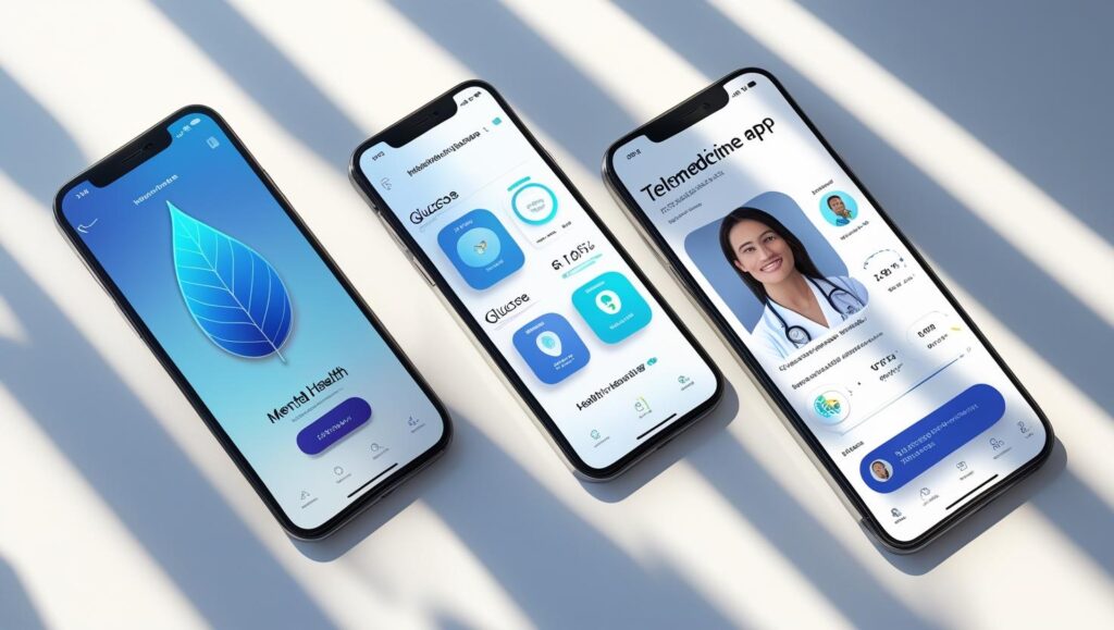 Modern flat-lay of smartphones showing various health apps—mental health, glucose monitor, telemedicine.