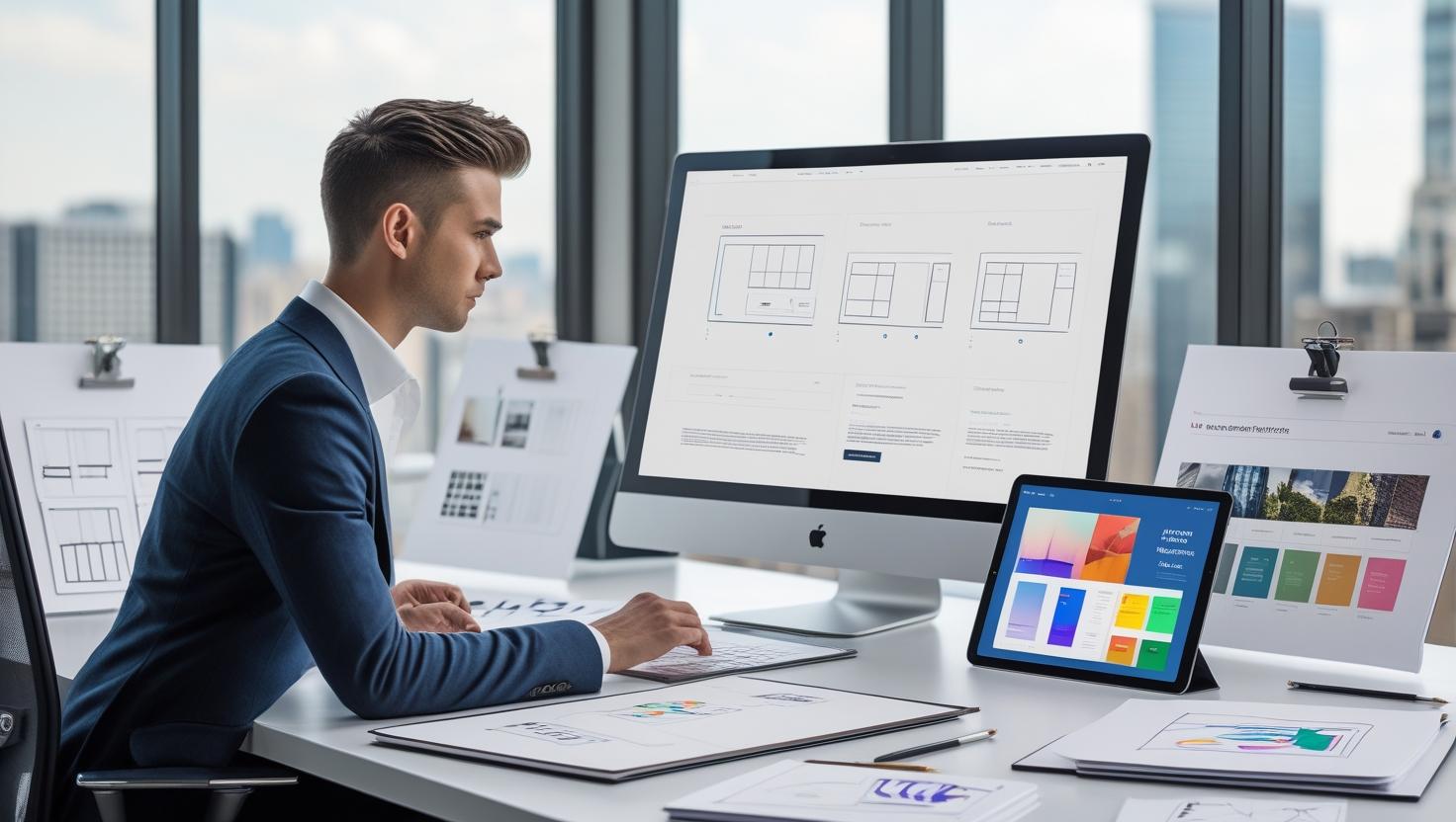 A professional UI_UX designer working on a large desktop screen with website wireframes open, surrounded by sketchpads, a tablet, and mood boards in a modern office setup.