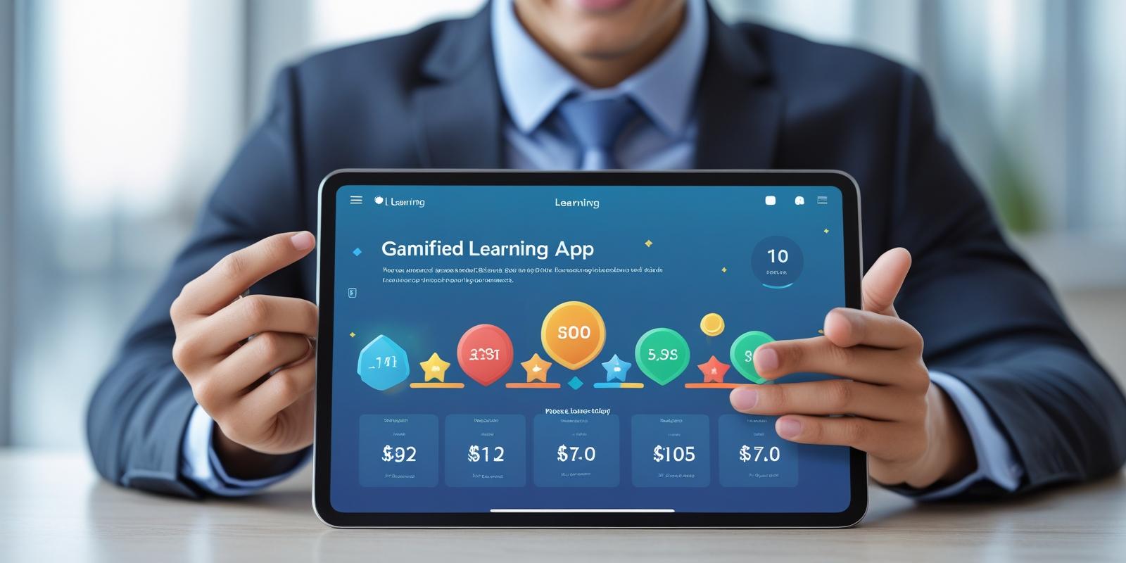 Photo of a young professional using a tablet app with visible gamified badges or learning stats; concept of must have features on language learning app 