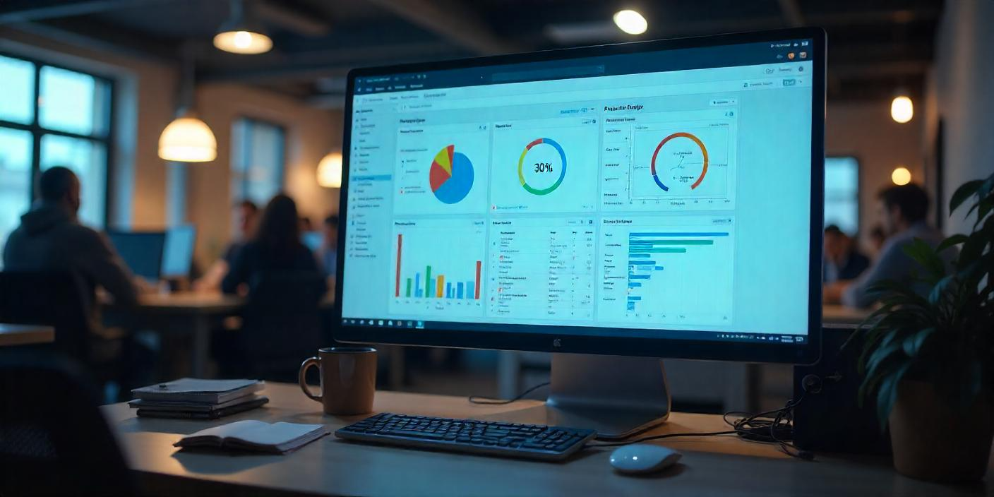 Photo of a large monitor showing a project management board with language app development stages.