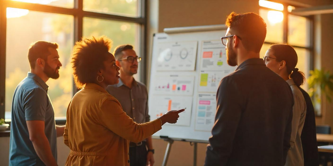 Photo of a developer team choosing a reliable tech stack for building a language learning app like Duolingo in a modern office with whiteboards and screens