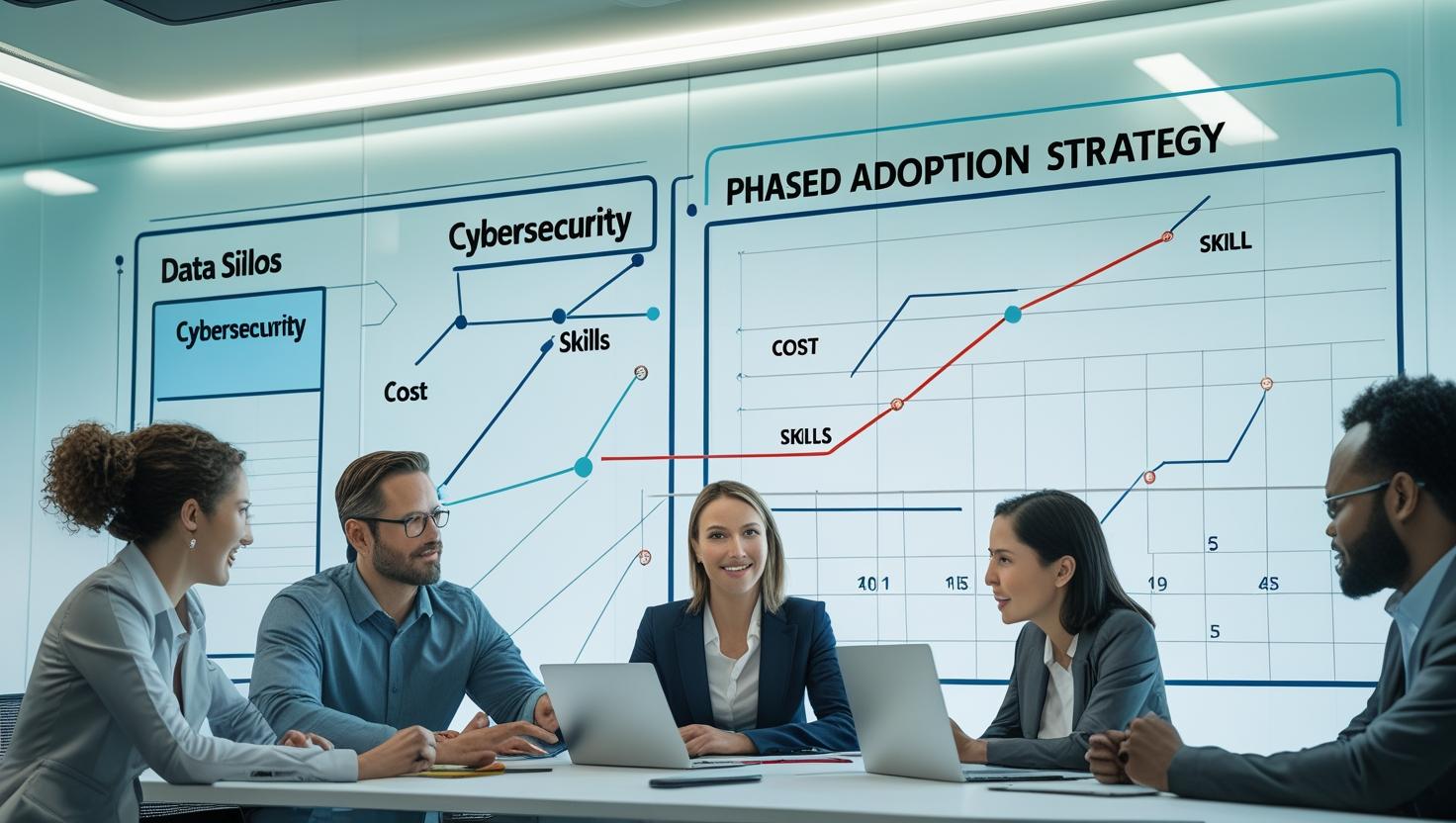 A CIO and IT team in a war room, mapping out adoption barriers on a digital whiteboard_ data silos, cybersecurity, cost, and skills. Strategy overlay highlights phased adoption pathways.