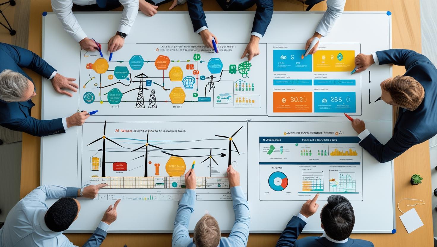 Overhead view of a whiteboard in an executive strategy meeting, with diagrams of AI use cases in energy. Team members are pointing to grids, turbines, and dashboards.