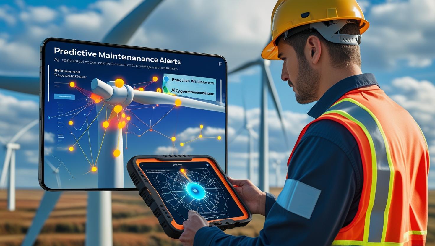 Close-up of a wind farm maintenance technician using a tablet to view predictive maintenance alerts. Visual overlays show data points and AI recommendations.