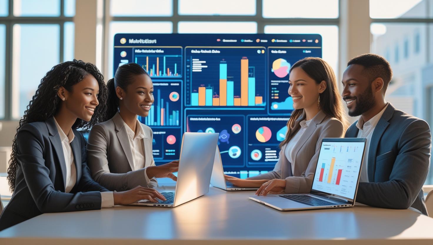 Image of A business team using AI-powered analytics tools on laptops and digital dashboards to optimize sales and marketing strategies.