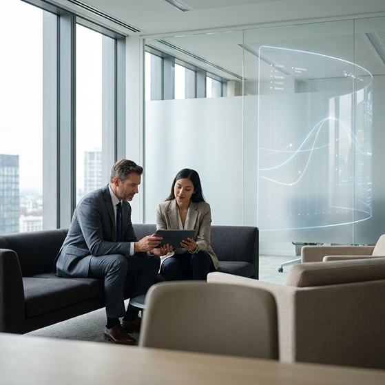 Two consultants reviewing AI strategy in a modern office